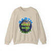 Beige sweatshirt with Earth graphic and text on a white background