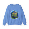 Blue sweatshirt with Earth graphic and text on a white background