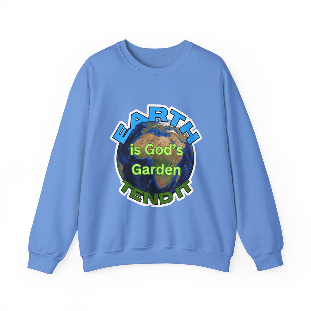 Blue sweatshirt with Earth graphic and text on a white background