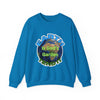 Blue sweatshirt with Earth graphic and text on a white background