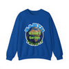 Blue sweatshirt with Earth graphic and text on a white background