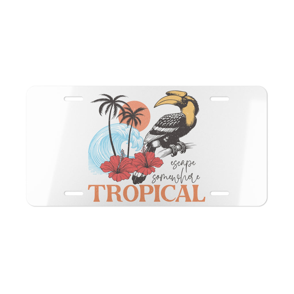Decorative license plate with tropical design featuring a toucan, palm trees, and flowers on a white background.