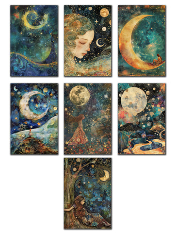 6 Handmade Notecards 4x6 with Envelopes Blank Folded Face in the Moon