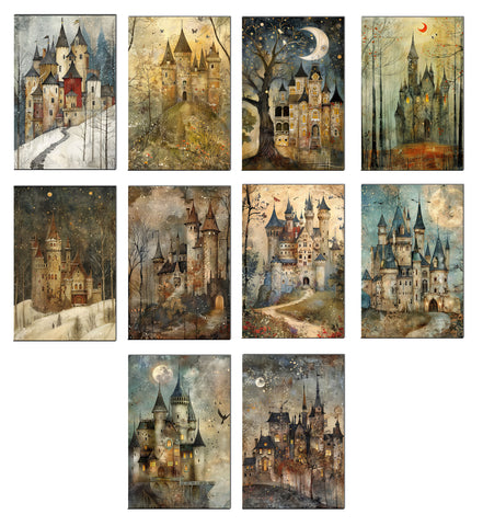 Set of nine stylized castle illustrations in various artistic styles and seasons.