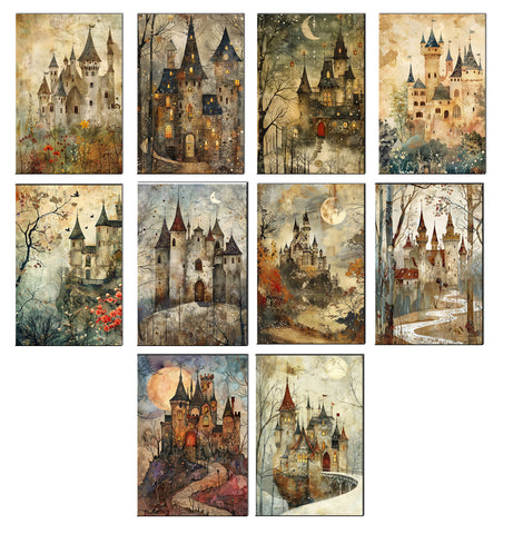Set of nine vintage-style castle illustrations in various settings.