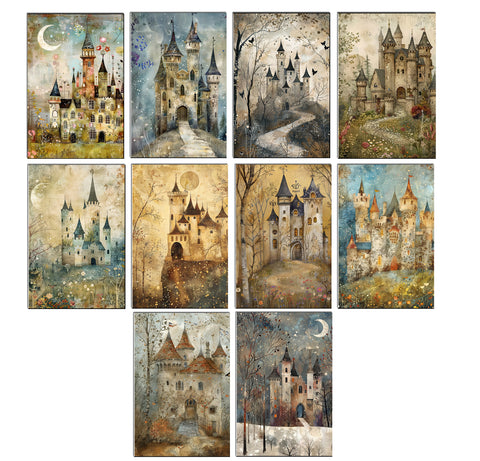 Set of nine stylized castle illustrations in various settings.