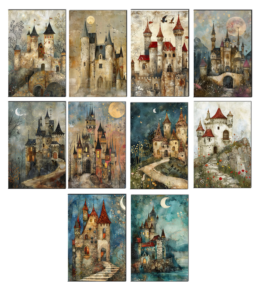 Set of nine stylized castle illustrations in various artistic styles.