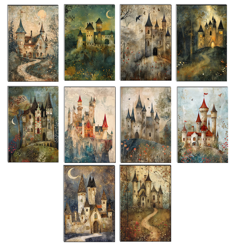 Set of nine illustrations of fantasy castles in various styles and settings.