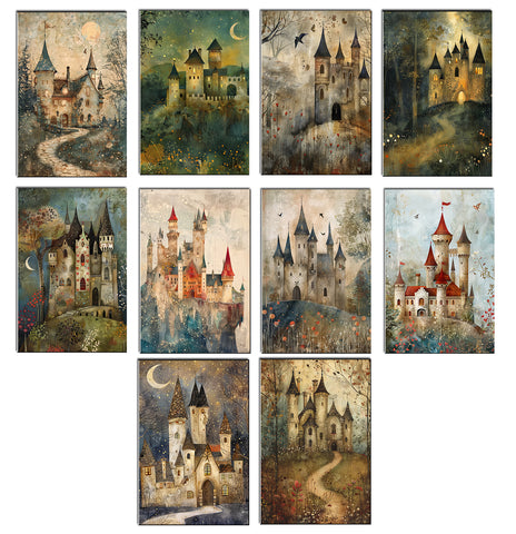 Set of nine illustrations of fantasy castles in various styles and settings.