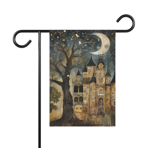 Decorative garden flag with a castle and tree design on a white background