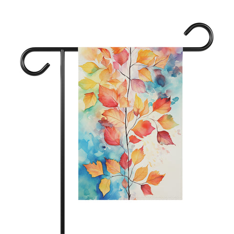 Decorative garden flag with colorful leaf design on a white background