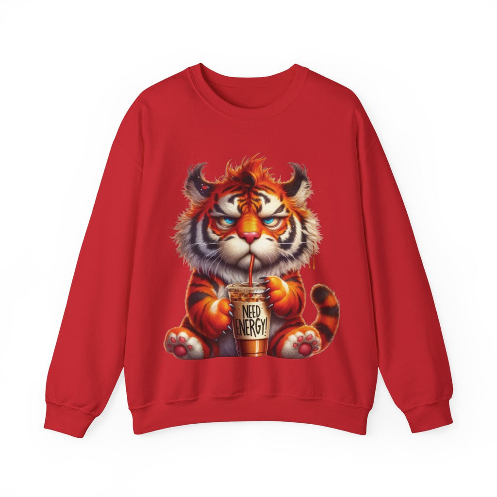 Funny Coffee Tiger Sweatshirt “Need Energy” Unisex Cozy Fall Pullover Sweater