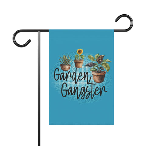 Garden-themed flag with plants and 'Garden Gangster' text on a blue background