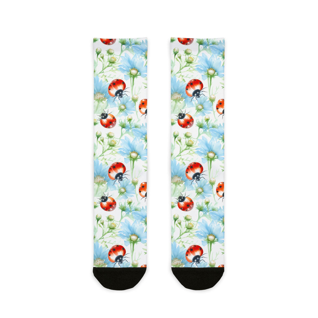 Pair of socks with ladybug and flower pattern on a white background