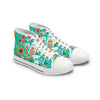 Colorful high-top sneakers with floral and abstract patterns on a white background