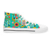 Colorful high-top sneaker with floral and kitchen utensil pattern on a white background