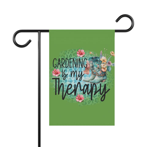 Garden flag with 'Gardening is my Therapy' text and floral design on a green background.