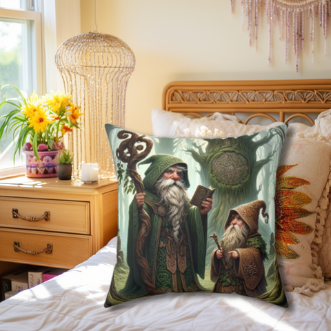 Celtic Gnome Throw Pillow with Insert on a bed