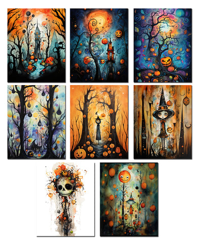 Set of Halloween-themed paintings with pumpkins, ghosts, and skeletons on a white background.