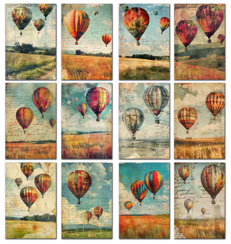 12 Handmade Hot Air Balloons – Blank Inside – Folded 4x6 Every Occasion Notecards with White Envelopes
