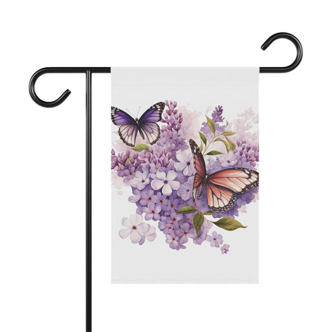 Decorative garden flag with butterflies and flowers on a white background