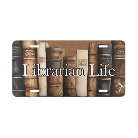 License plate with vintage book design and 'Librarian Life' text on a white background