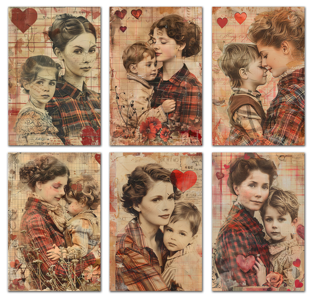 6 Handmade Mother and Child – Blank Inside – Folded 4x6 Every Occasion Cards with White Envelopes