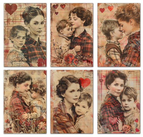 6 Handmade Mother and Child – Blank Inside – Folded 4x6 Every Occasion Cards with White Envelopes