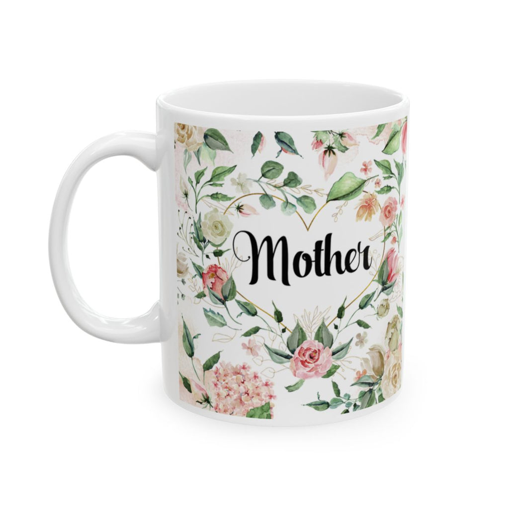 White mug with floral design and 'Mother' text on a white background