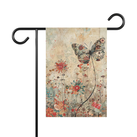 Decorative garden flag with a butterfly and floral design on a vintage background, attached to a black metal flagpole.