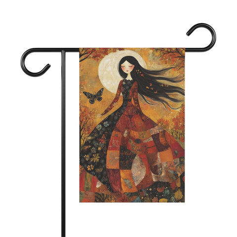 Decorative garden flag with a woman in a patchwork dress and butterfly, on a white background.