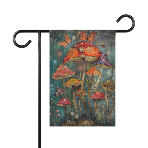 Decorative garden flag with colorful mushrooms and butterflies on a stand.