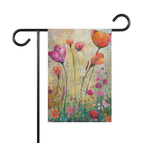 Decorative garden flag with colorful floral design on a white background