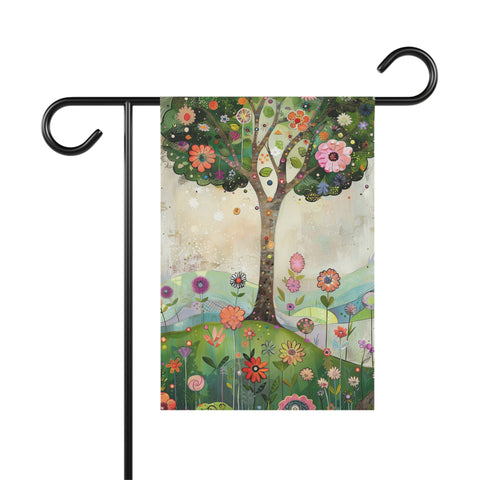 Decorative garden flag with a colorful tree and flowers on a white background