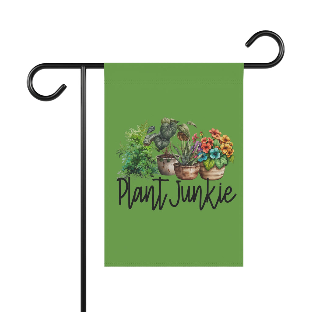 Garden flag with plants and 'Plant Junkie' text on a green background