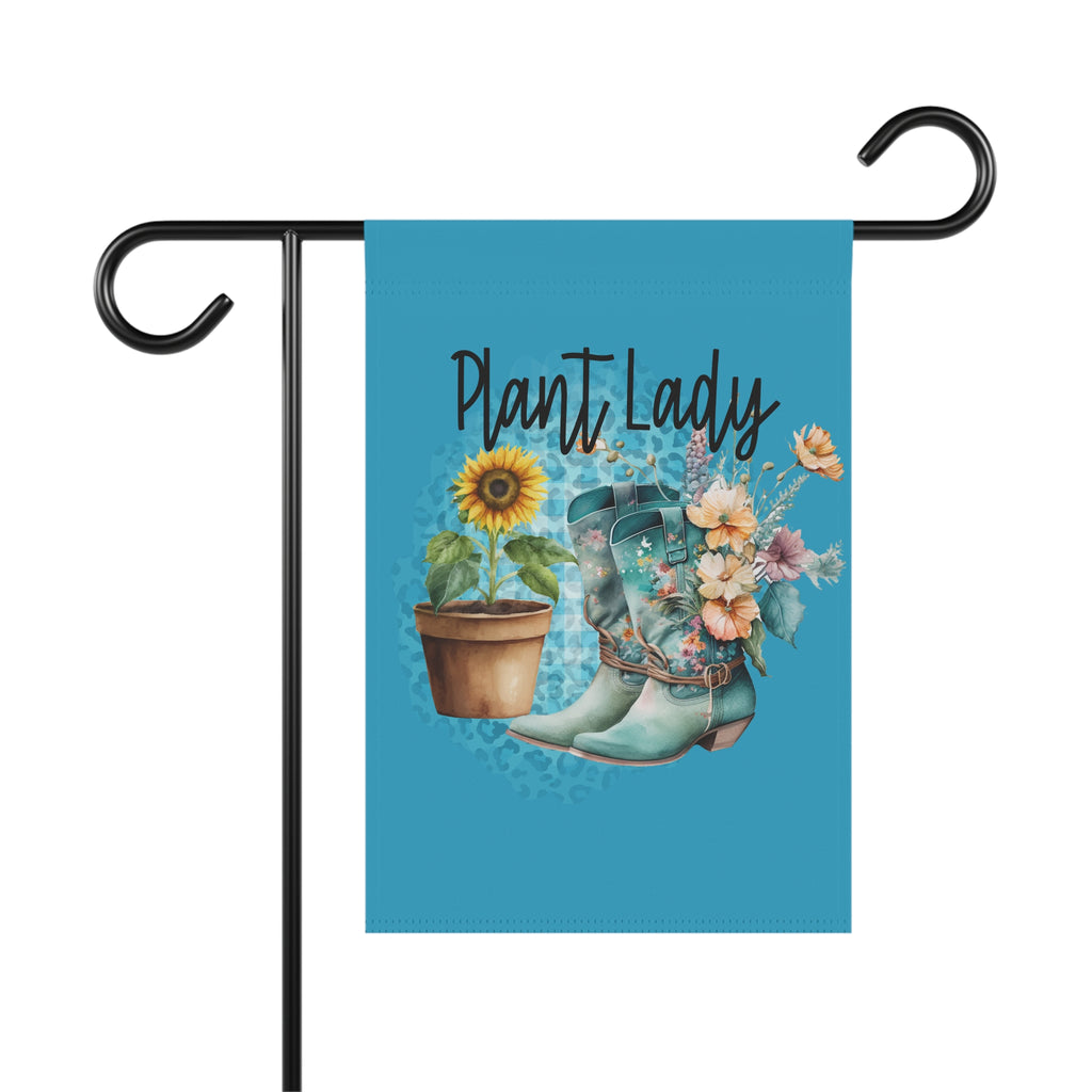 Garden flag with 'Plant Lady' text, sunflower, and boots design on a blue background.