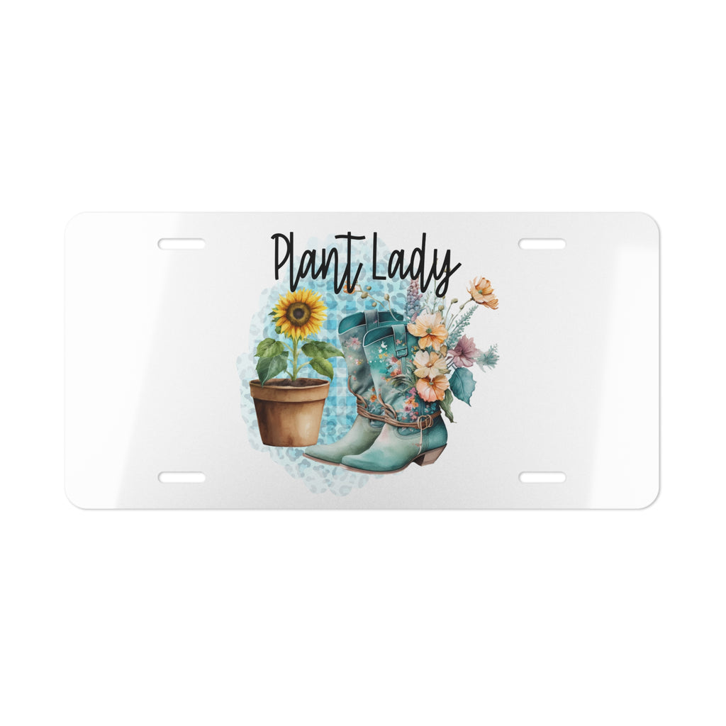 License plate with 'Plant Lady' text, boots, sunflower, and flowers on a white background