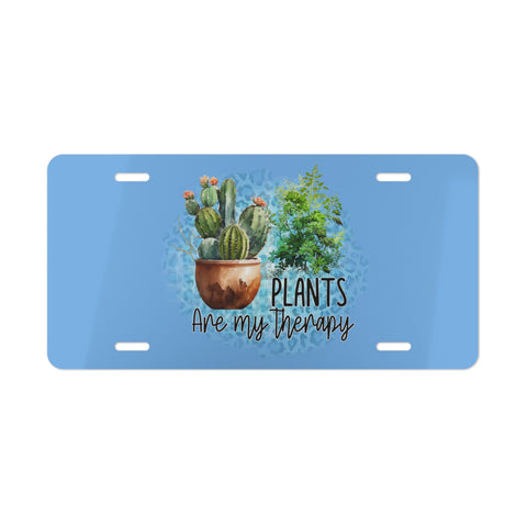 License plate with cacti illustration and 'Plants are my Therapy' text on a blue background