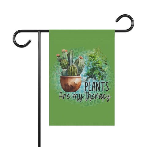 Garden flag with cacti design and 'Plants are my therapy' text on a green background.