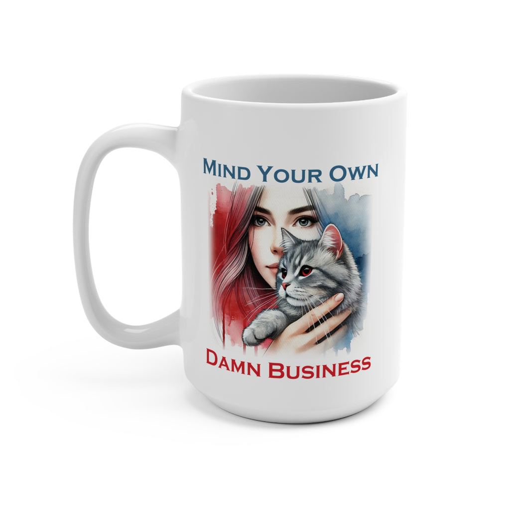 Cat Lady Mind Your Own Damn Business Political Coffee Mug with a cat and red, white, and blue background