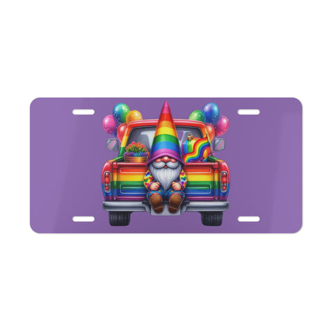 License plate with a gnome in a rainbow truck and balloons on a purple background