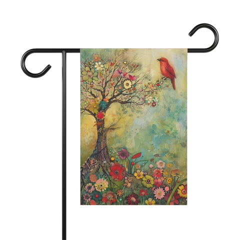 Decorative garden flag with a colorful tree and bird design on a white background.