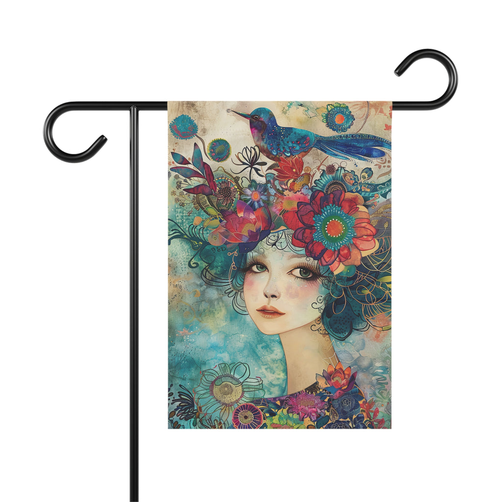 Decorative garden flag with a colorful design of a woman's face adorned with flowers and a bird, on a white background.