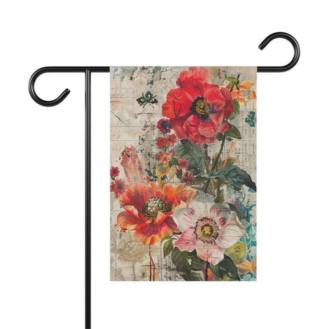 Floral garden flag with a vintage map background on a stand.