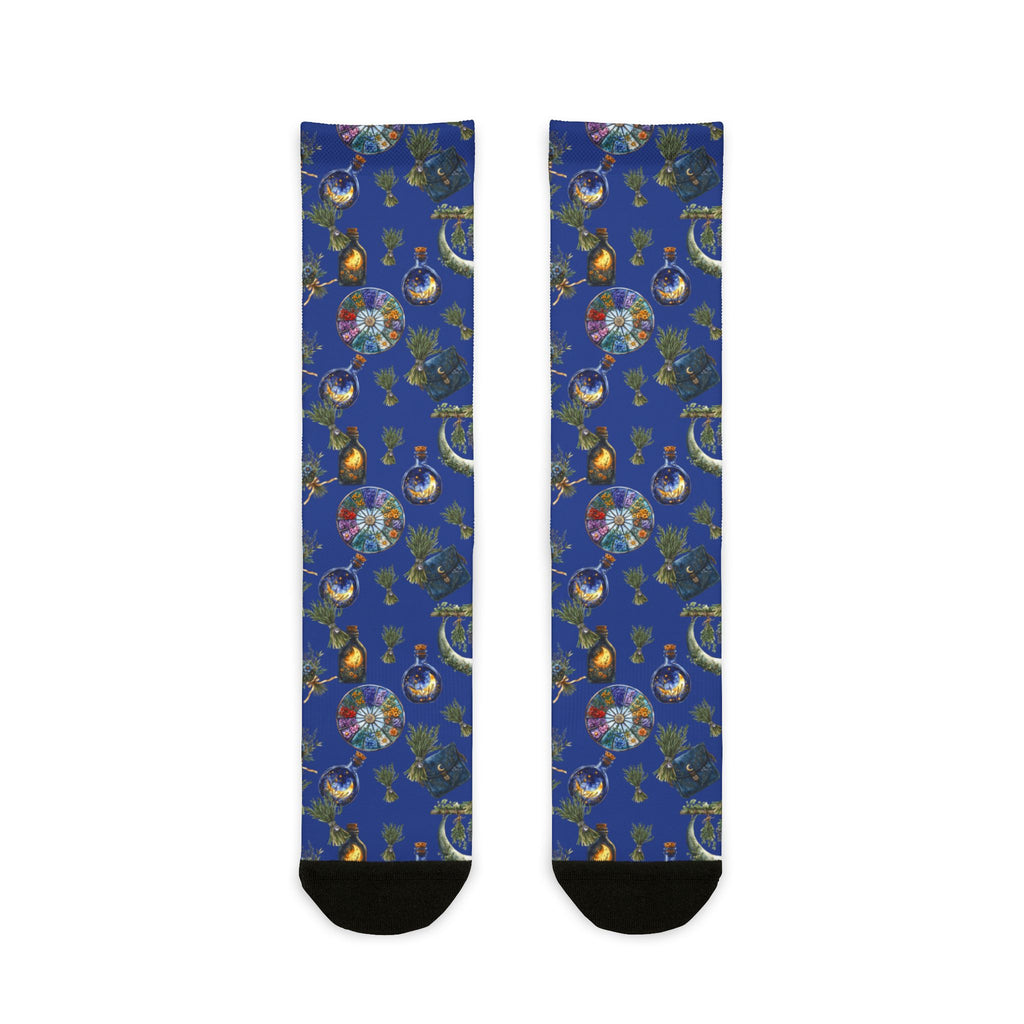 Pair of socks with a colorful pattern on a blue background
