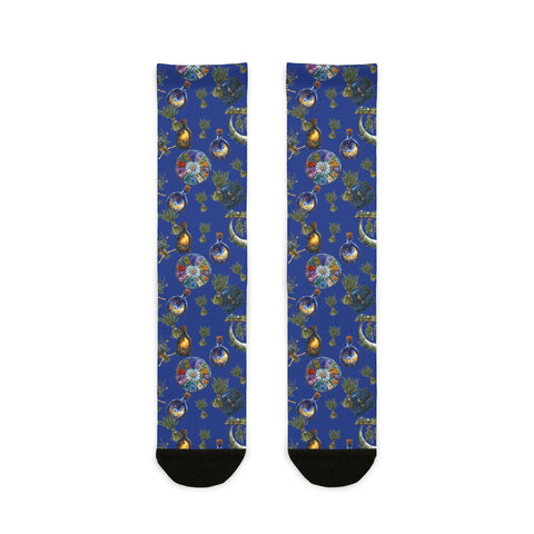 Pair of socks with a colorful pattern on a blue background