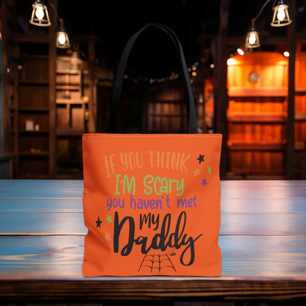 Scary Daddy Halloween Trick or Treat Bag sitting on the edge of  a table