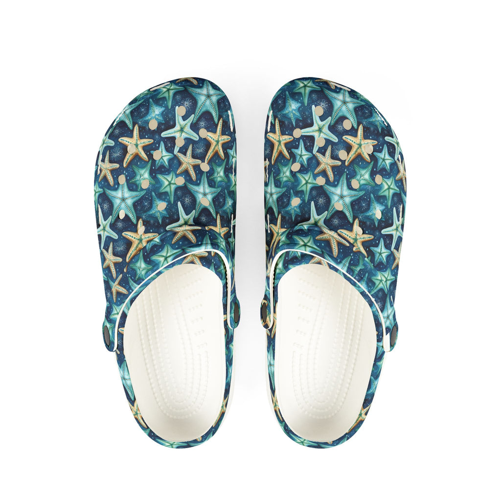 Pair of clogs with starfish pattern on a white background