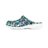 Blue clog shoe with starfish pattern on a white background