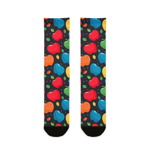 Colorful socks with apple pattern on a black background